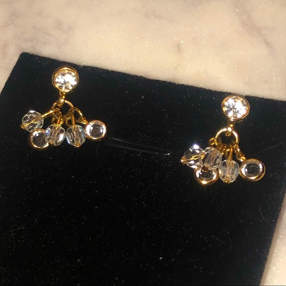Vtg 14k Yellow Gold Post Cz Stone Stud Earrings w Crystal Dangle Pieces .6”